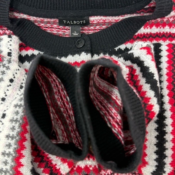 Talbots Fair Isle Cardigan Sweater Wool Blend Large Red White Black Gray Stripe - Picture 5 of 10